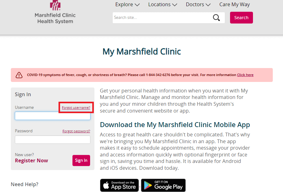 Click on Forgot Username in My Marshfield Clinic Login Page