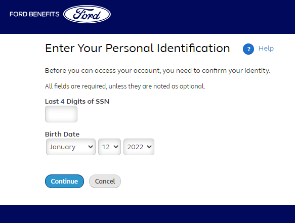 Enter Required Information and Click on Continue to Register at MyfordBenefits