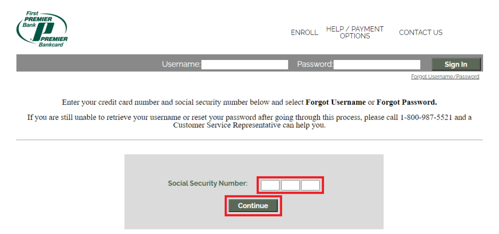 Enter Social Security Number and Click on Continuie to Reset Mypremiercreditcard Login Password