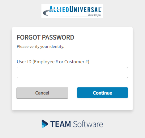 Enter Username and Click on Continue to Reset Allied Universal eHub Password