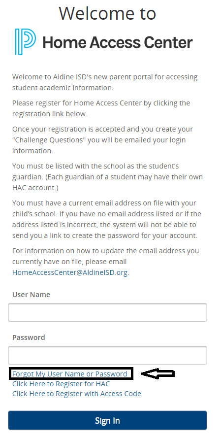 click on forgot my username or password in hac aldine home access center login page