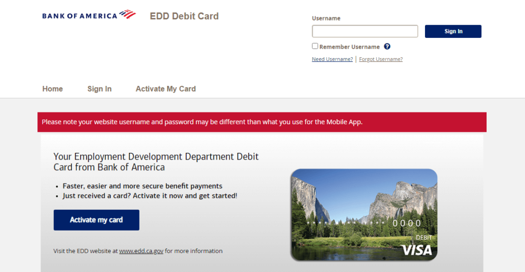 Bank of America EDD Debit Card Login at