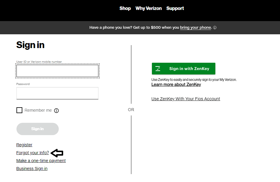 click on forgot your info in verizon cloud portal