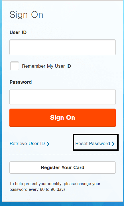 click on reset password in sears credit card login page