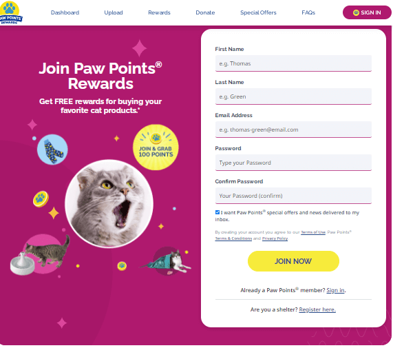 enter required details to sign up for free cat points reward program