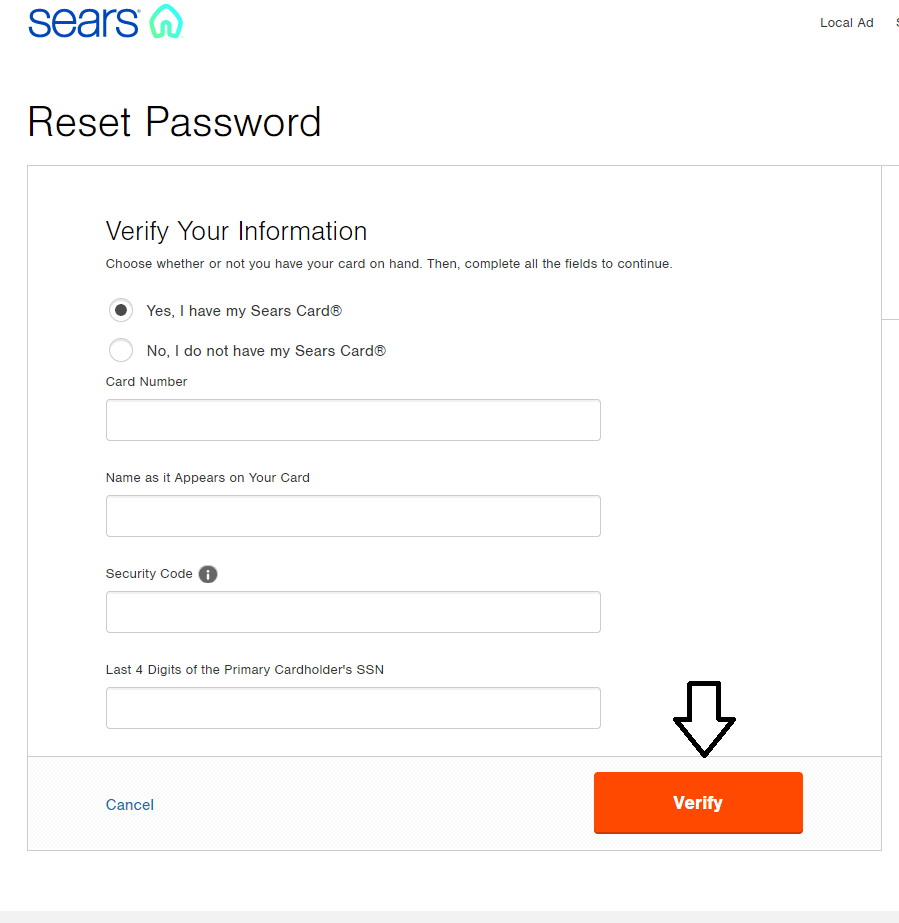 reset sears credit card login password