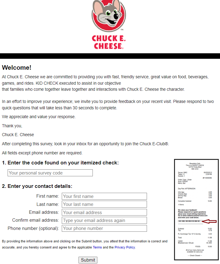 take chuck e cheese feedback survey