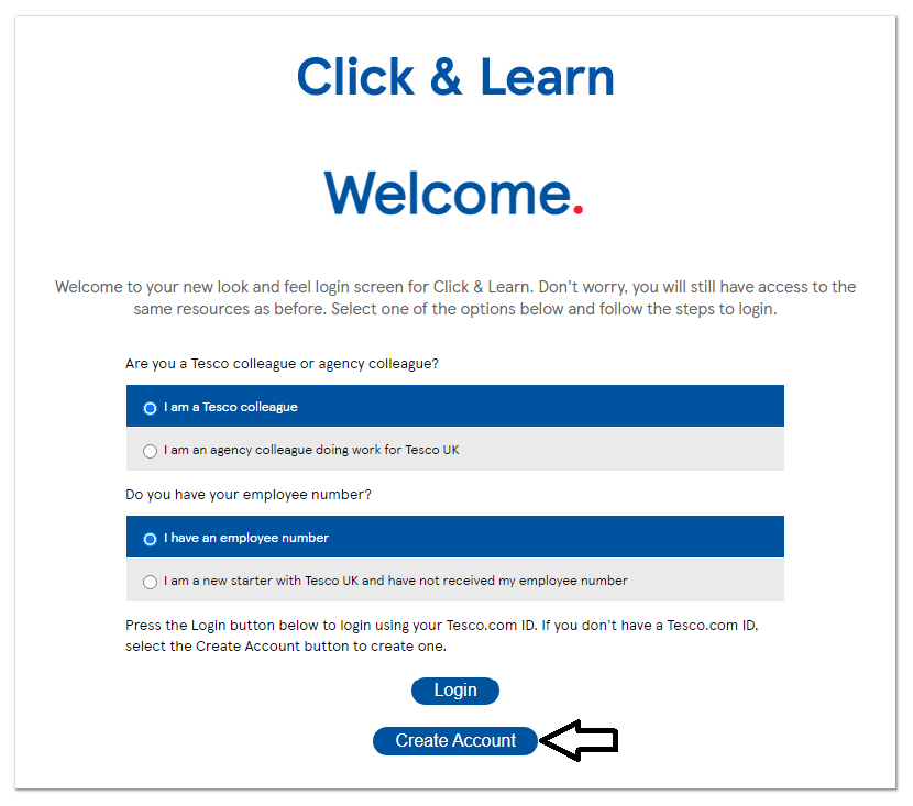 click on create account in tesco elearning portal