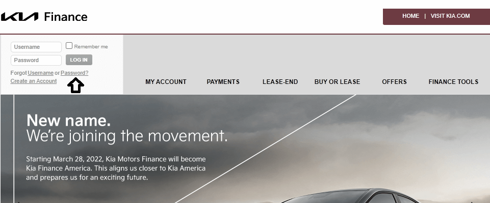 click on password in kia motor finance login page