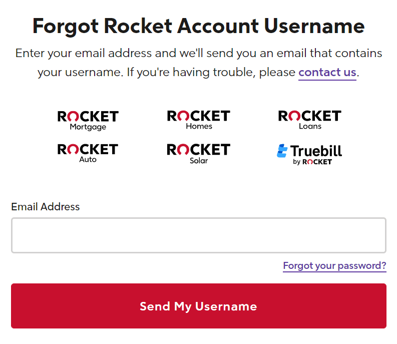 enter email addess to retrive rocket mortgage username