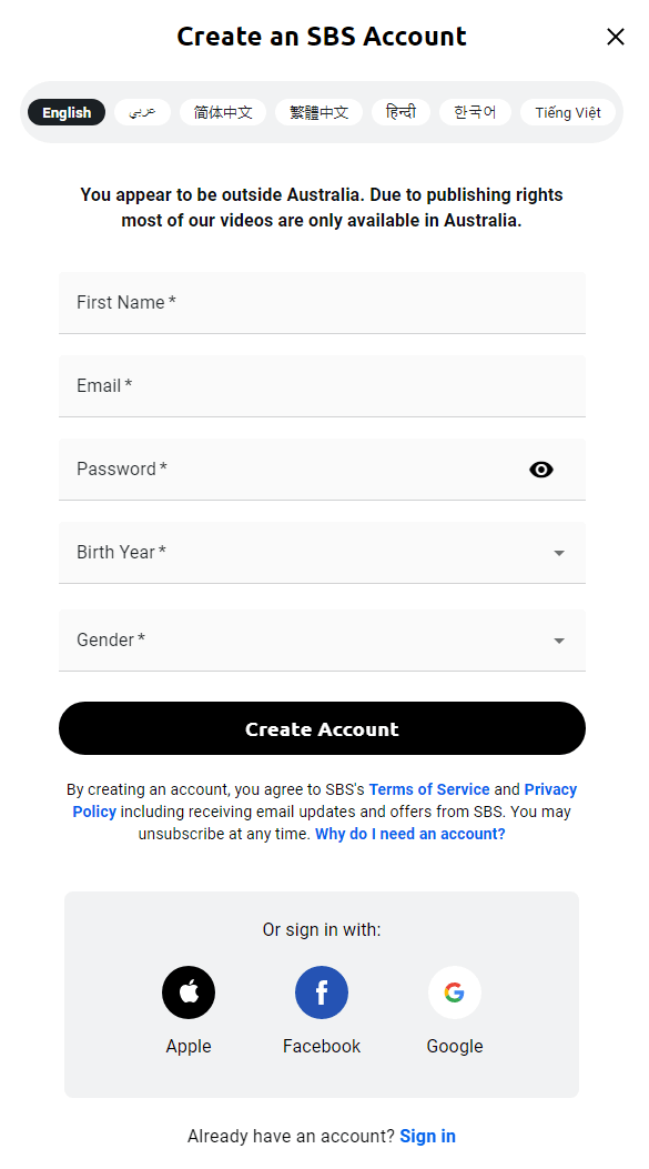 enter required details to create sbs on demand account