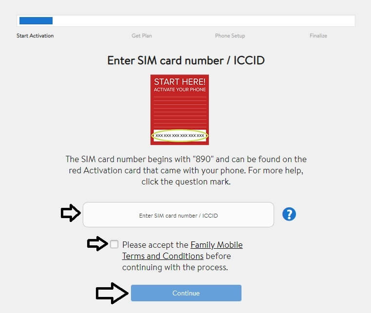 enter sim card no for family mobile activate