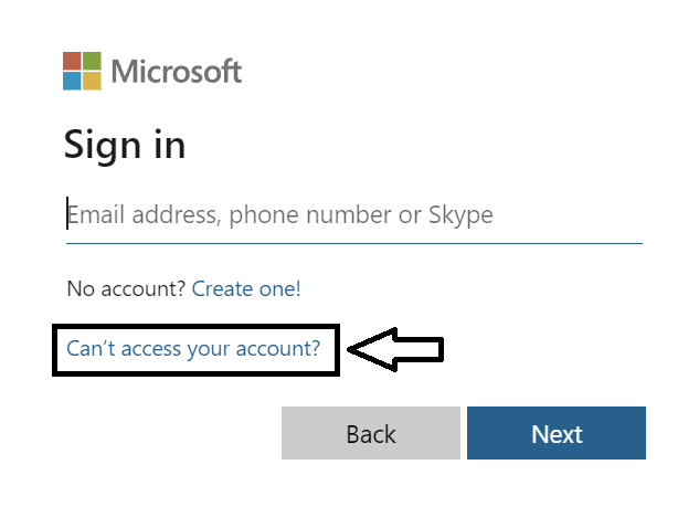 click on cant access your account in microsoft login page