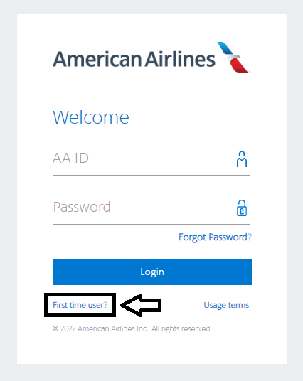 click on first time user in aainflight login page