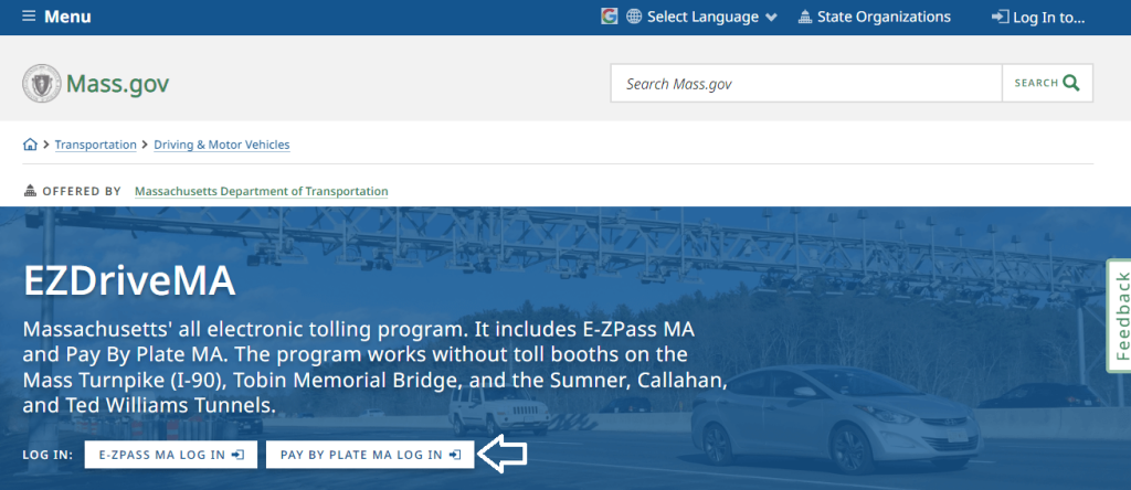 click on the ma pay per plate login option on the ezdrivema website