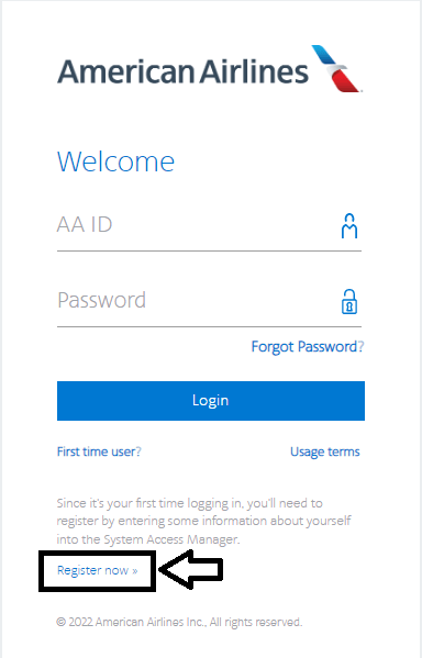 click on register now in aainflight login page