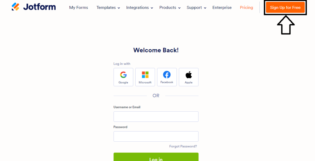 click on sign up in jotform login page