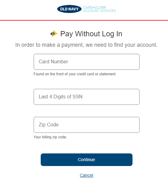 enter details for old navy credit card payment without login