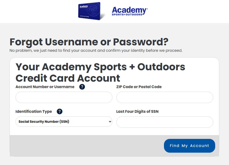 reset academy credit card login password