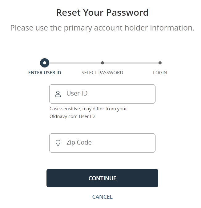 reset old navy credit card login password