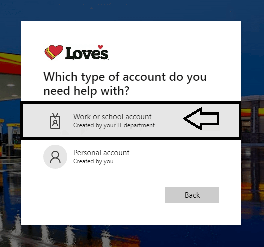 select work or school account in loves wave login page