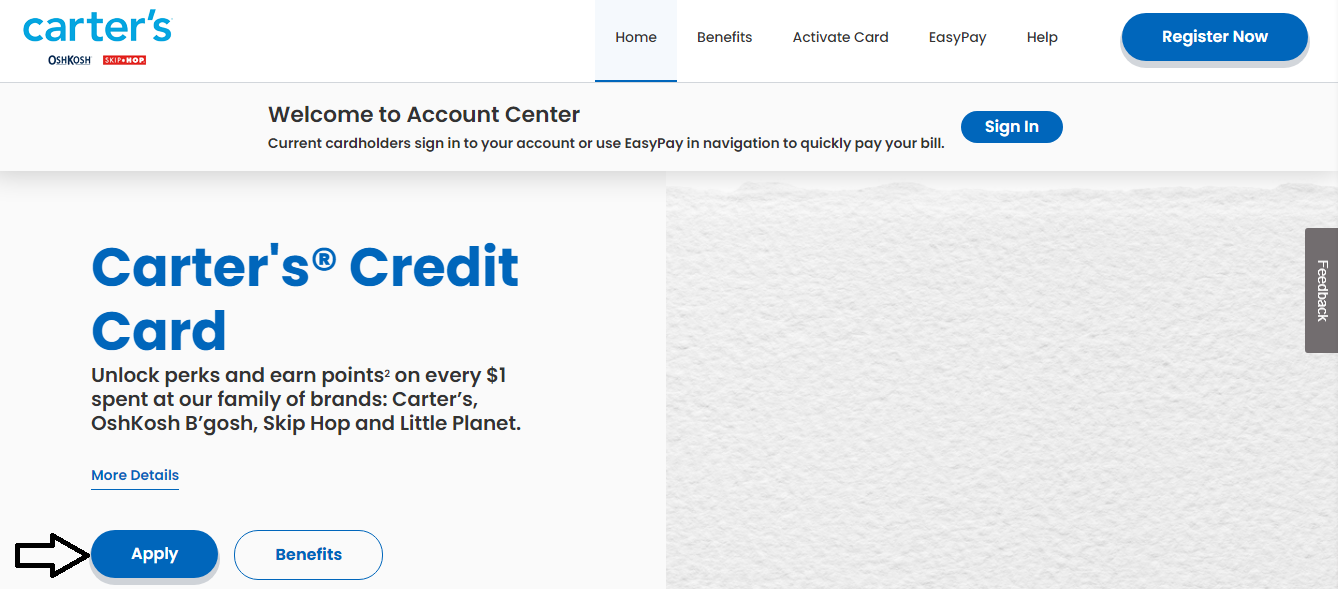 click on apply in carters credit card website