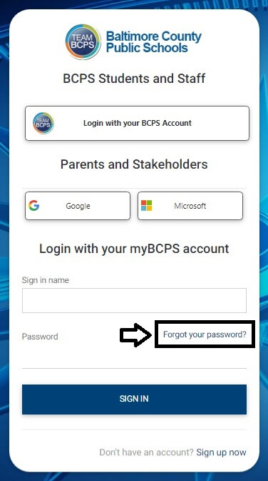 click on forgot password in bcps schoology portal