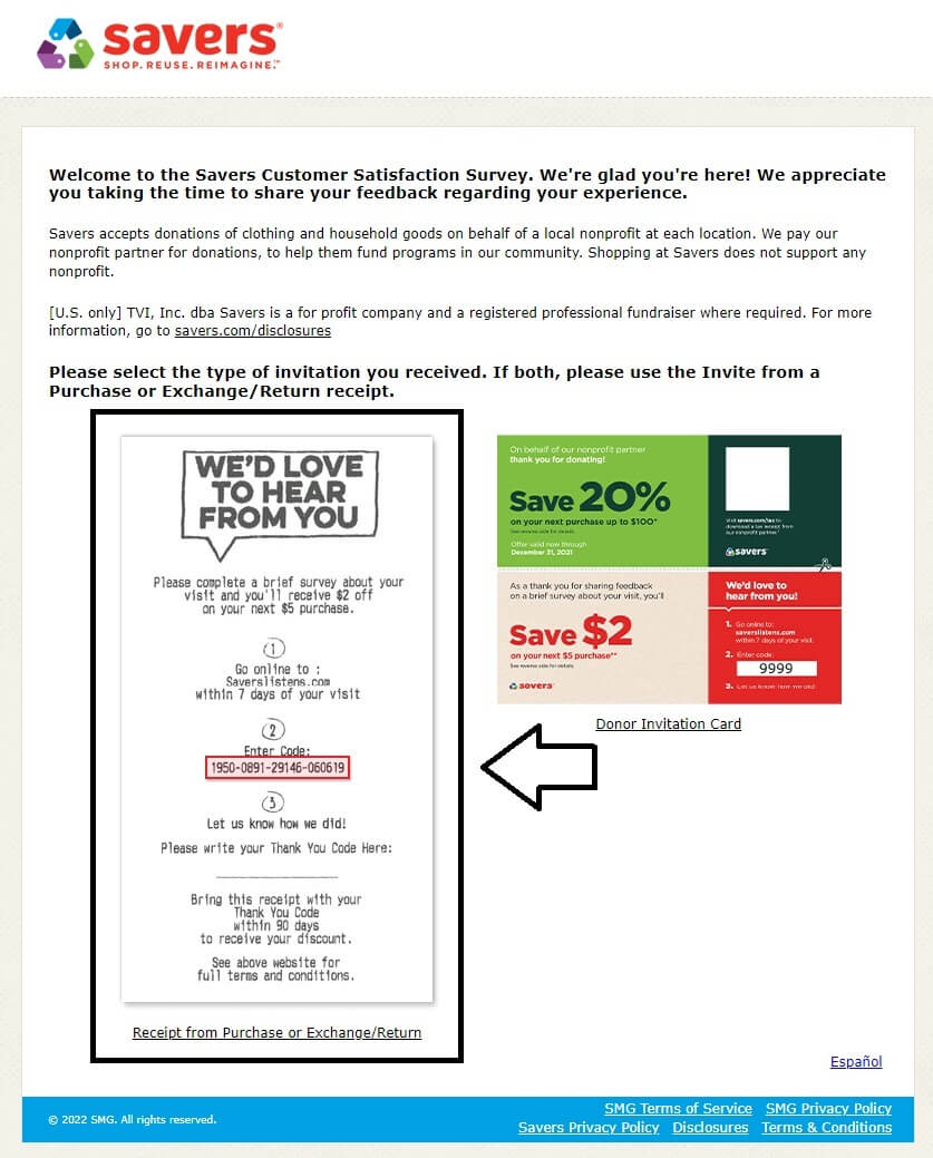 click on receipt image in savers listens survey website