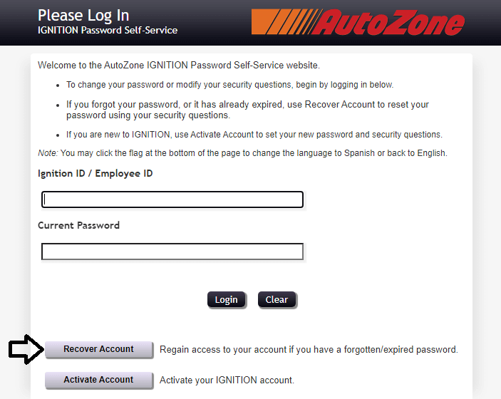 click on recover account in autozone employee portal