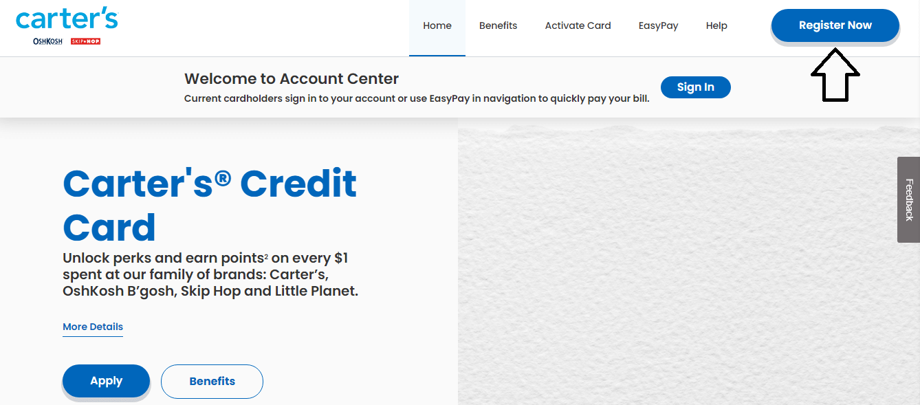 click on register now in carters credit card website