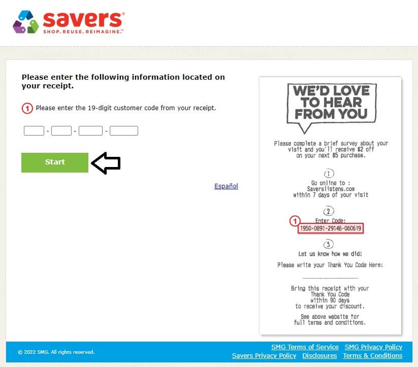enter code to start savers listens survey