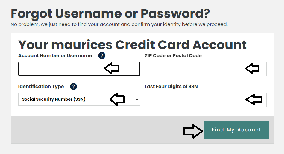 enter required details to reset maurices credit card login password