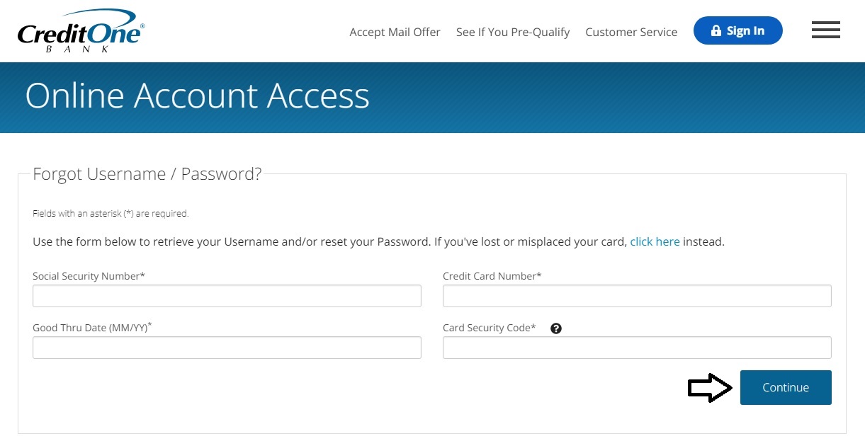 reset credit one credit card login password