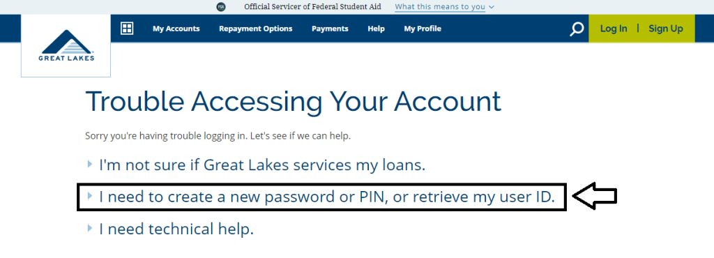 choose password reset option in great lakes student loan login page