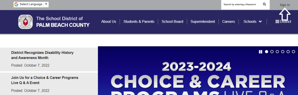 click on sign in option in palm beach school portal