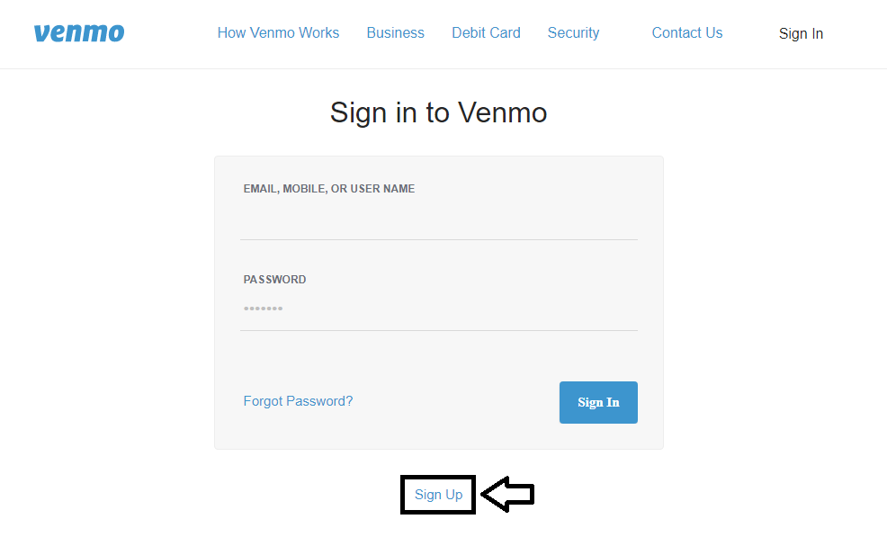 click on sign up in venmo login page