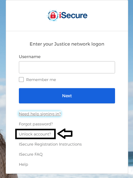 click on unlock account in justice portal login page
