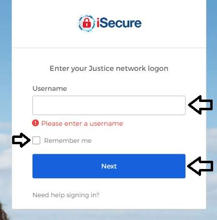 enter username and click on next in justice login page