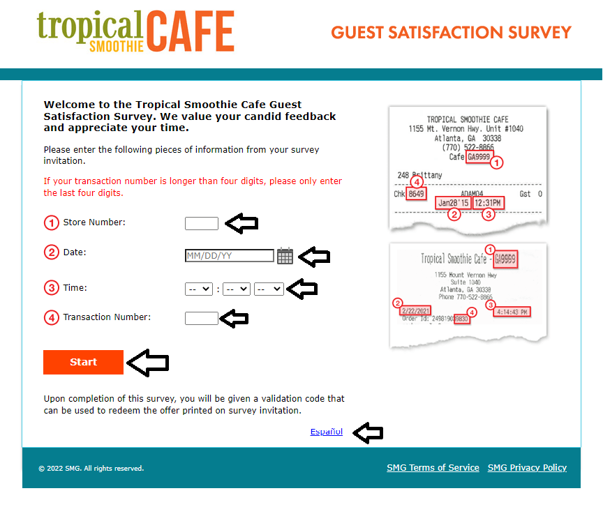 Encuesta de satisfacción de los huéspedes de Tropical Smoothie Cafe