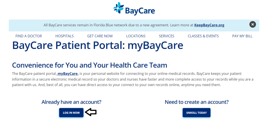 visit baycare patient portal and click on login now